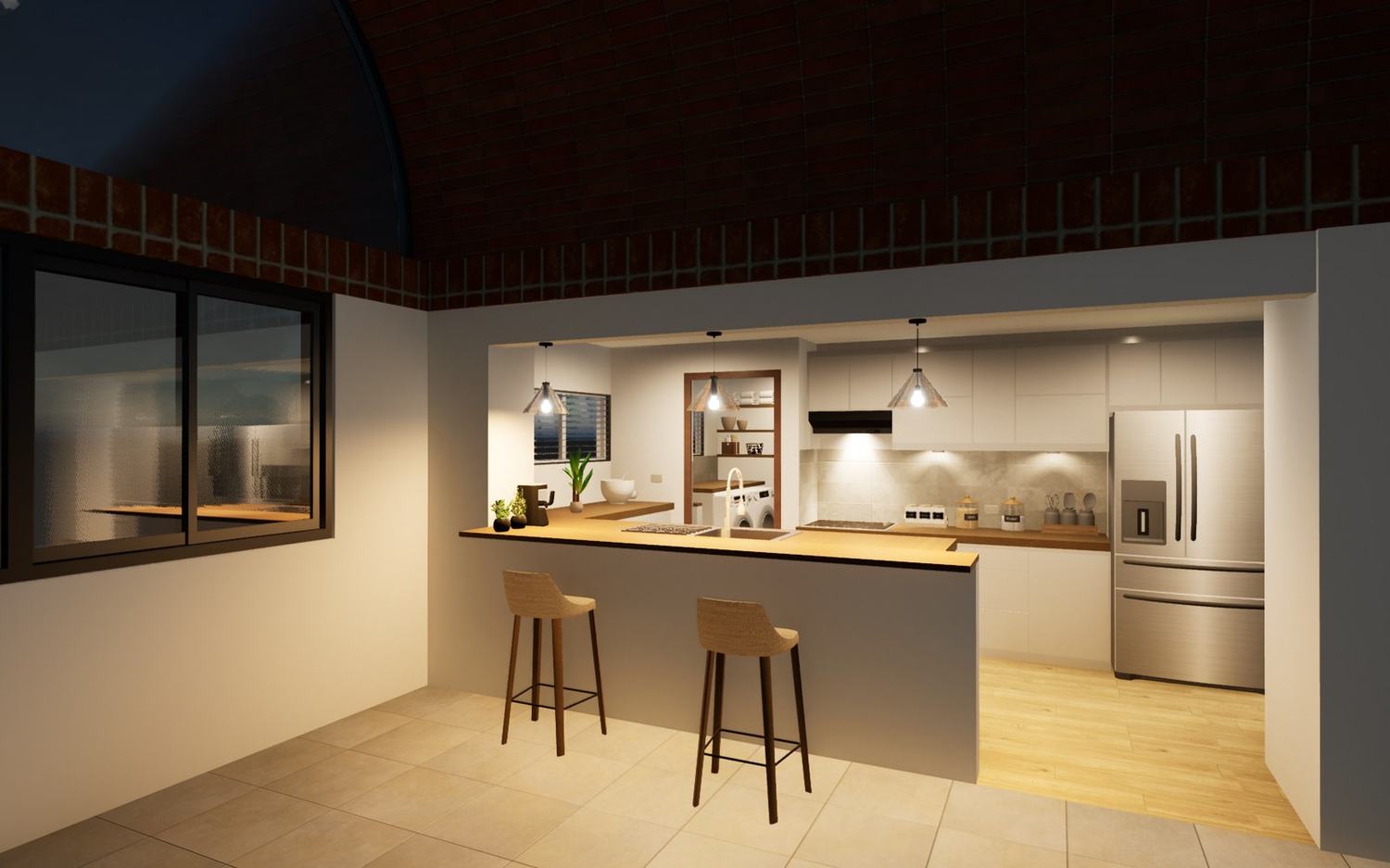 Render de la península de cocina bajo la bóveda
