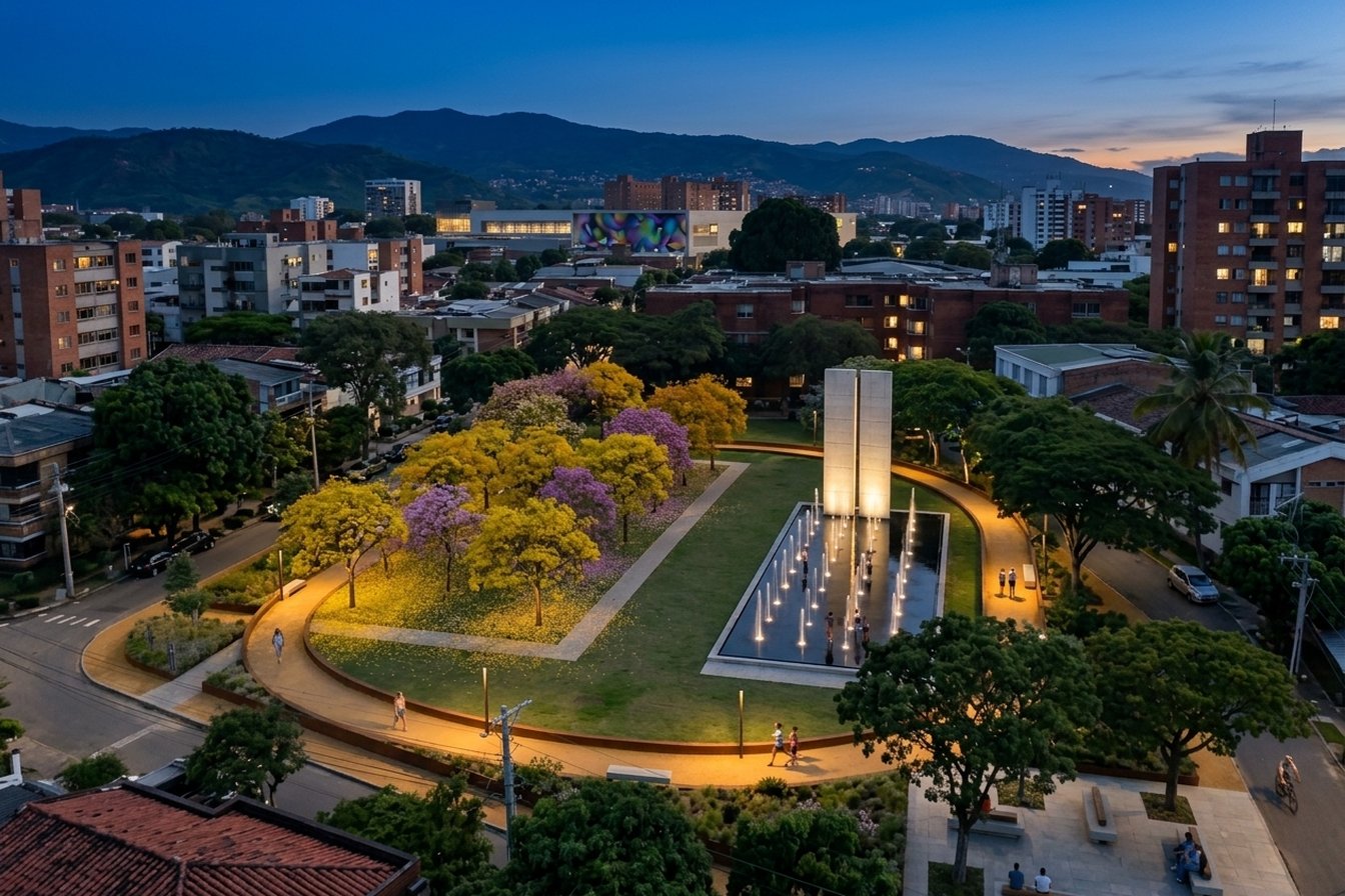Parque 7:34 — vista aérea nocturna